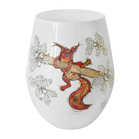 white stemless glass tumbler with red squirrel