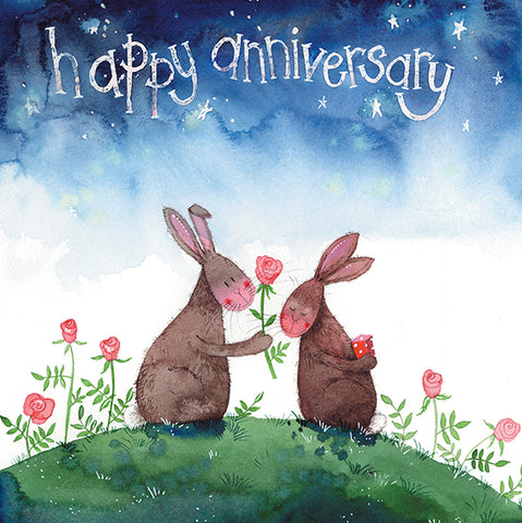 Alex Clark anniversary card with two brown rabbits  standing amongst roses