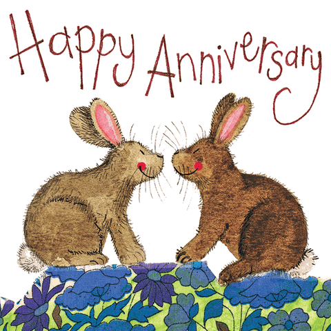 Alex Clark anniversary card with two smiling rabbits facing each other