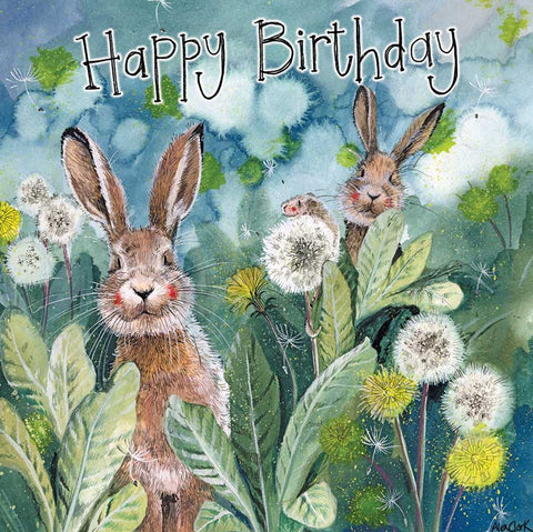 Alex Clark birthday card featuring two rabbits amongst a field of dandelions