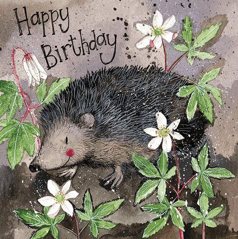Alex Clark birthday card with hedgehog and floral design