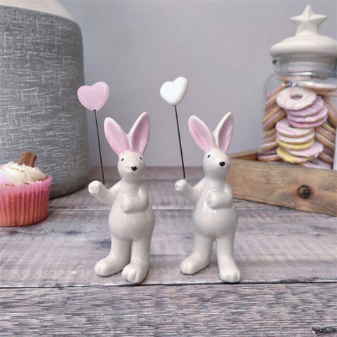 Ceramic Rabbit Ornament With Pink Heart Balloon