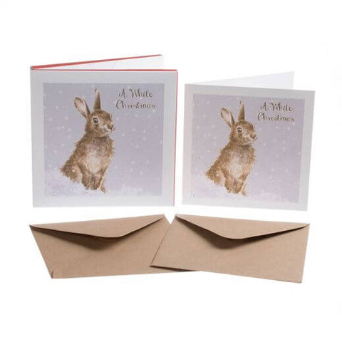 Wrendale Christmas card box set of 8 with a bunny stood against a snowy background
