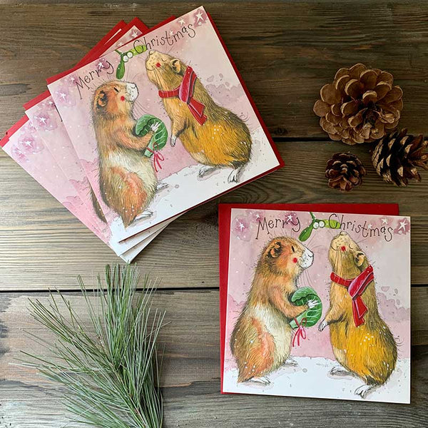 Alex Clark charity Christmas card pack with two guinea pigs below some mistletoe
