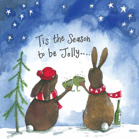 Alex Clark pack of 5 charity Christmas cards with two rabbits set in a snowy scene toasting the festive season