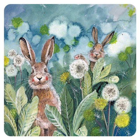 Alex Clark coaster mat featuring two rabbits amongst the dandelions