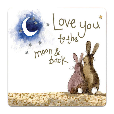 Alex Clark coaster mat featuring two bunnies beneath the moon and stars