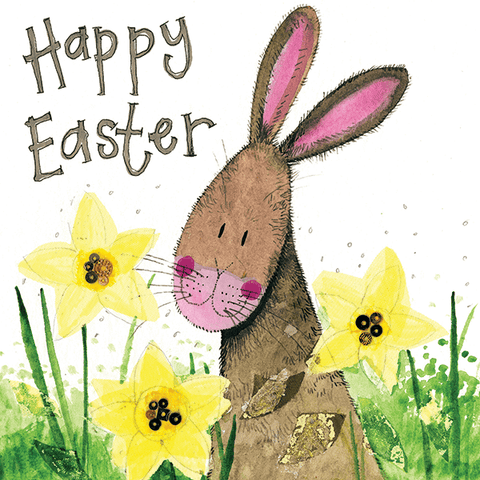 Alex Clark Easter card with a rabbit and daffodils