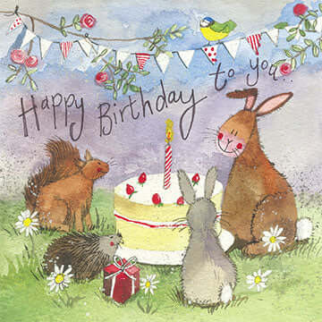 Alex Clark birthday card with a birthday cake surrounded by a squirrel, hedgehog, rabbit and hare