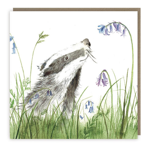 blank greeting card with badger and bluebells watercolour print
