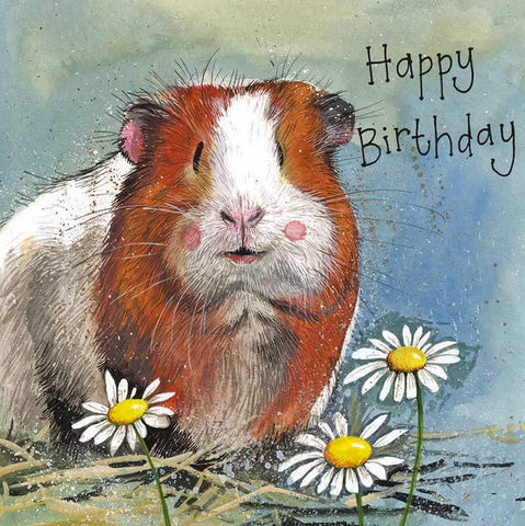Alex Clark birthday card with a tan and white guinea pig and daisy design