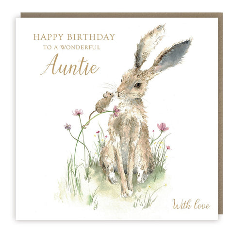 Love Country birthday card for Auntie with a hare and field mouse floral design