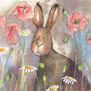 Alex Clark blank greeting card featuring a hare and poppies