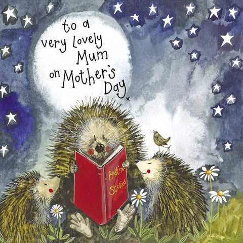 Alex Clark Mother's Day card with a mother hedgehog reading a story to her hoglets