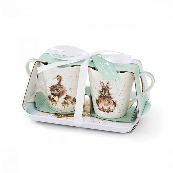 Wrendale Designs gift set including two porcelain mugs and a melamine tray, each one featuring a charming Wrendale character, including a hare, ducks and owls.