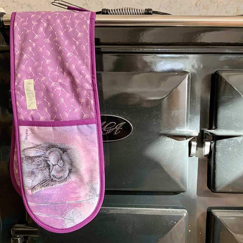 Alex Clark double oven glove with a lop eared bunny on purple background