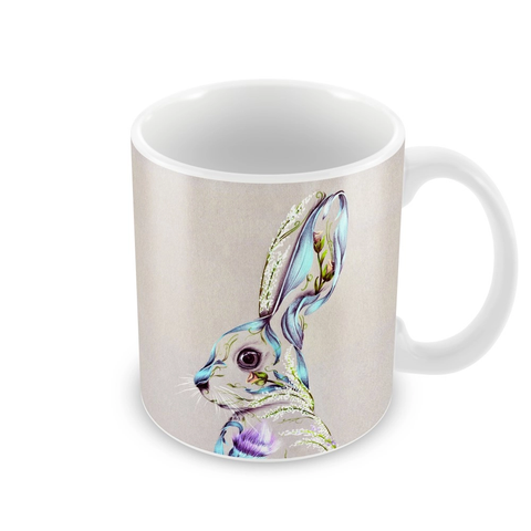 An arty mug featuring a floral hare design from Scottish artist Kat Baxter.