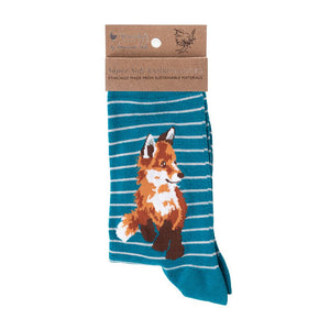 Wrendale Designs ladies bamboo socks in teal with fox illustration
