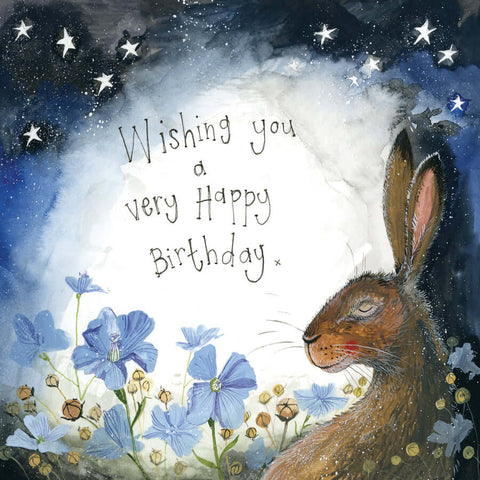 Alex Clark birthday card with a brown hare and blue flowers 