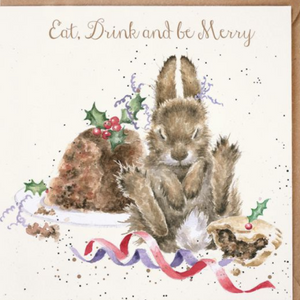 Wrendale Christmas card with a bunny sitting with a Christmas pudding and a mince pie