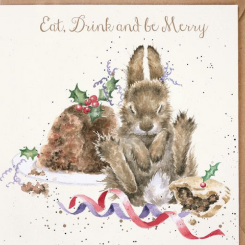 Wrendale Christmas card with a bunny sitting with a Christmas pudding and a mince pie