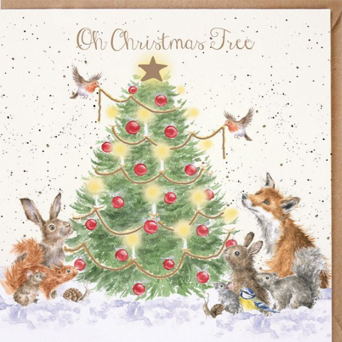 Wrendale Christmas card with a lit Christmas tree surrounded by woodland animals