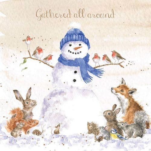 Wrendale Christmas card with a snowman surrounded by woodland animals